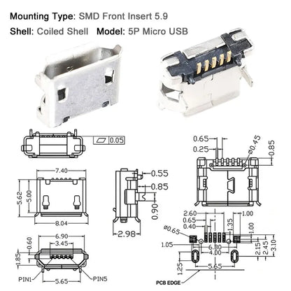 10PCS Micro USB Android Female Charging Socket, Flat Edge Crimped Type, 5Pin, 4 Mounting Pins, SMD & DIP Tail Connector