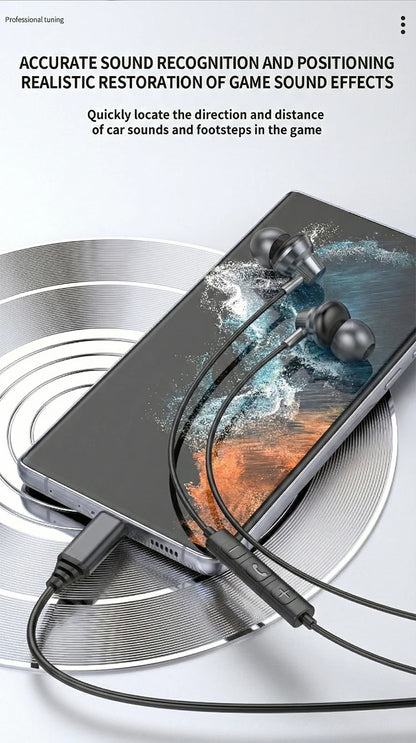 USB Type C Wired Earphones HiFi Stereo Surround 3.5mm in Ear Wired Headphones For Samsung Galaxy S26 S25 S24 Ultra Wired Earbuds