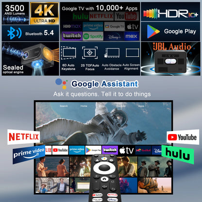 HORLAT Sealed Optical Google TV Projector 3500ANSI Bluetooth Voice Control Auto Focus WiFi 6 4K UHD Home Theater Movie Projector