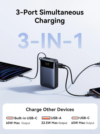 Vention 65W Power Bank 20000mAh Built-in USB-C Cable Portable Powerbank for Laptop PD Fast Charger for iPhone 18 Samsung S26 S25