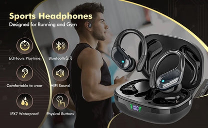 Bluetooth 6.0 Ear Hook Headphones TWS Wireless Earphones HiFi Stereo Waterproof Headsets LED Display Long Standby Button Earbuds