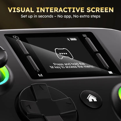 Wireless gaming controller with an interactive screen, compatible with PC, PS4, Switch, Android, and iOS devices. Features 4 programmable buttons, rapid-fire functionality, a 6-axis gyroscope, dual vibration feedback, and RGB