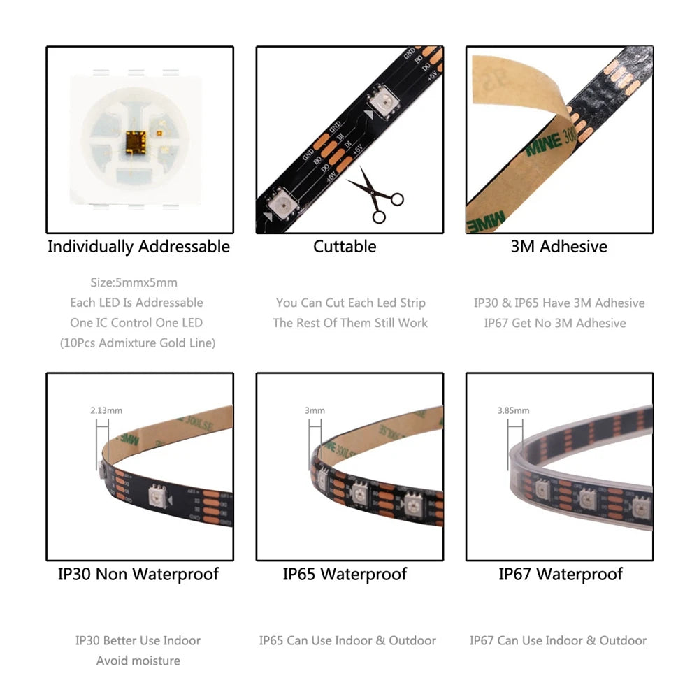 WS2811 WS2812B WS2813 WS2815 30/60/144Pixels/Leds/m 5050 RGBIC Smart LED Strip WS2812 Individually Addressable IC Light DC5V/12V