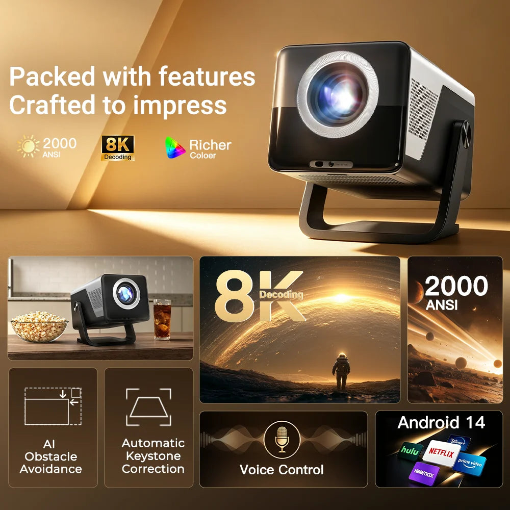 Lyncast 8K Support HD 1080P Auto Focus 2000ANSI Projector 5W Speaker Android 14 WiFi6 BT5.4 Outdoor Home Theater Projectors X7
