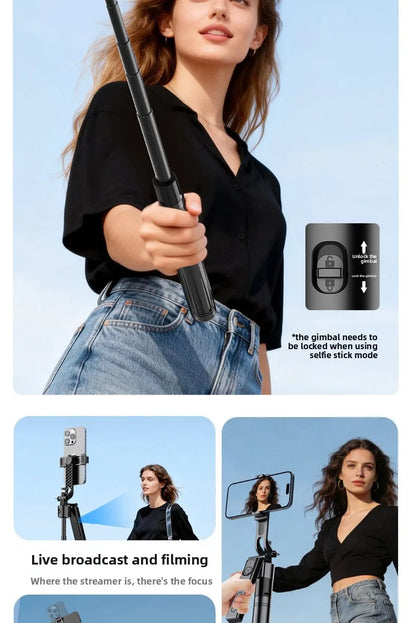 AI Face Tracking Selfie Stick Gimbal Stabilizer, Bluetooth Extendable Phone Tripod with 4-Axis Anti-Shake, Fill Light, Smart Aut