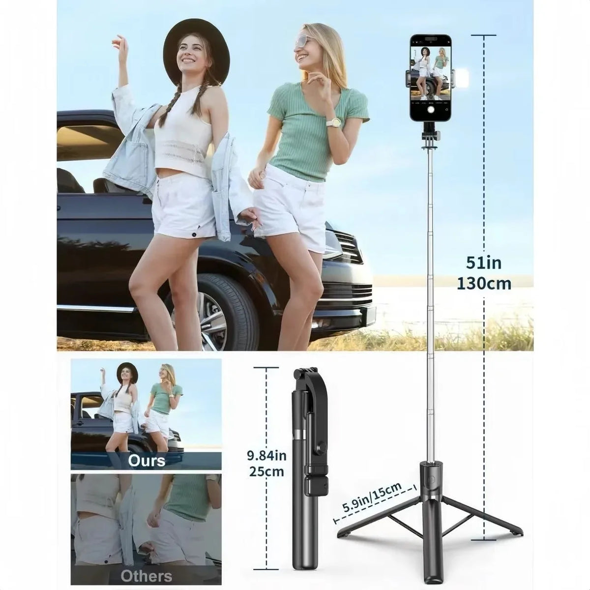 Portable Selfie Stick Tripod With Adjustable Fill Light Bluetooth Remote For iPhone
