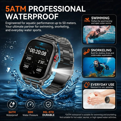 New1400mAh Large Battery Smart Watch 5ATM Waterproof LED Flashlight 100+ Sports Modes Heart Rate Fitness Tracker Men Smart Watch