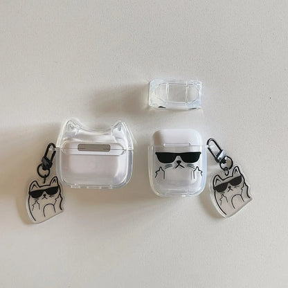 Cute Cartoon Sunglasses Cat Earphone Case For Airpods Pro 2 Bluetooth Headphone Cover For AirPods 4 3 2 Protective Case Keychin