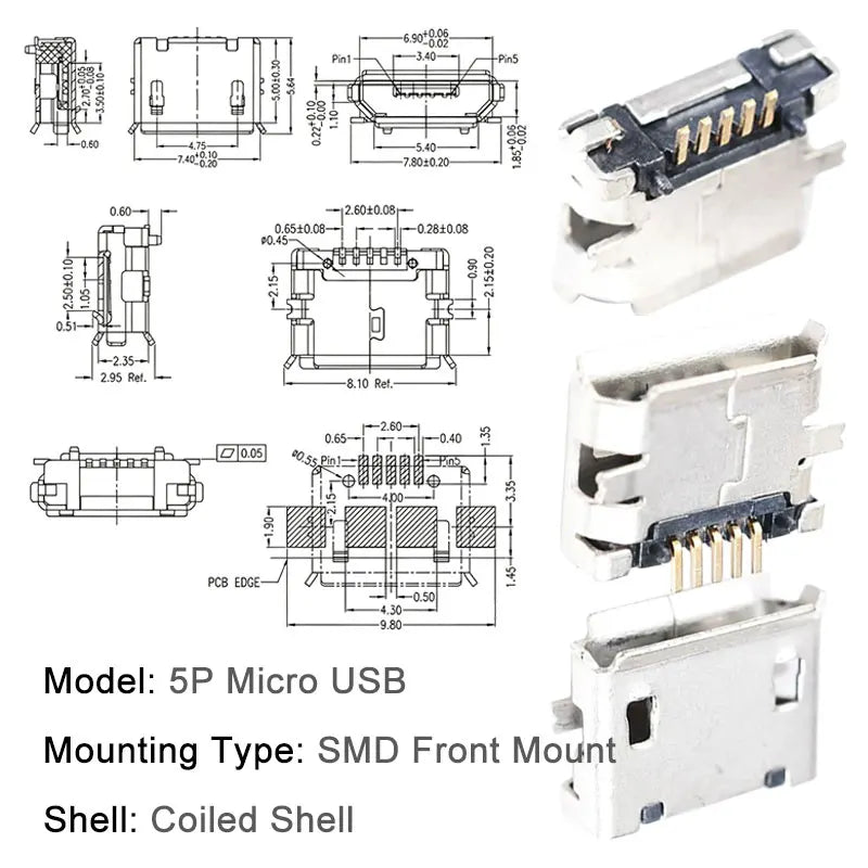 10PCS Micro USB Android Female Charging Socket, Flat Edge Crimped Type, 5Pin, 4 Mounting Pins, SMD & DIP Tail Connector