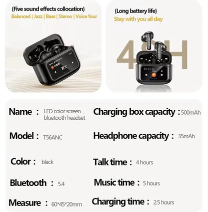 AWEI T56 ANC Wireless Bluetooth V 5.4 Earphones Noise Reduction Headphones Full-Color LED Touchscreen TWS Sport Headest With Mic