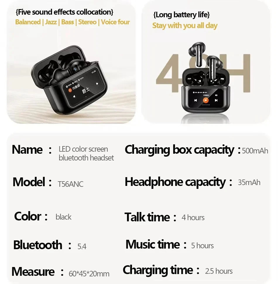 AWEI T56 ANC Wireless Bluetooth V 5.4 Earphones Noise Reduction Headphones Full-Color LED Touchscreen TWS Sport Headest With Mic