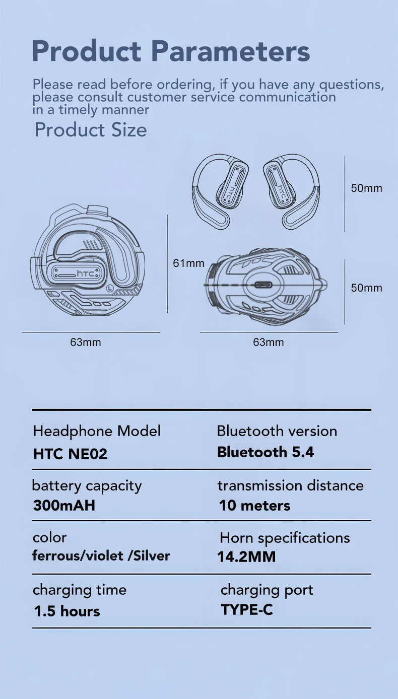 AI Translator Earphone HTC NE02 Open Ear Wireless Bluetooth Headphones Hifi Sound Quality Low Lacenty Sport Earbuds With Mic