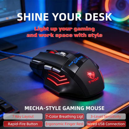 T-WOLF Wired Gaming Mouse 7 Buttons RGB Backlit Mouse Fire Button 2400 DPI Adjustable Ergonomic Optical Mouse for PC Laptop Gamer Professional