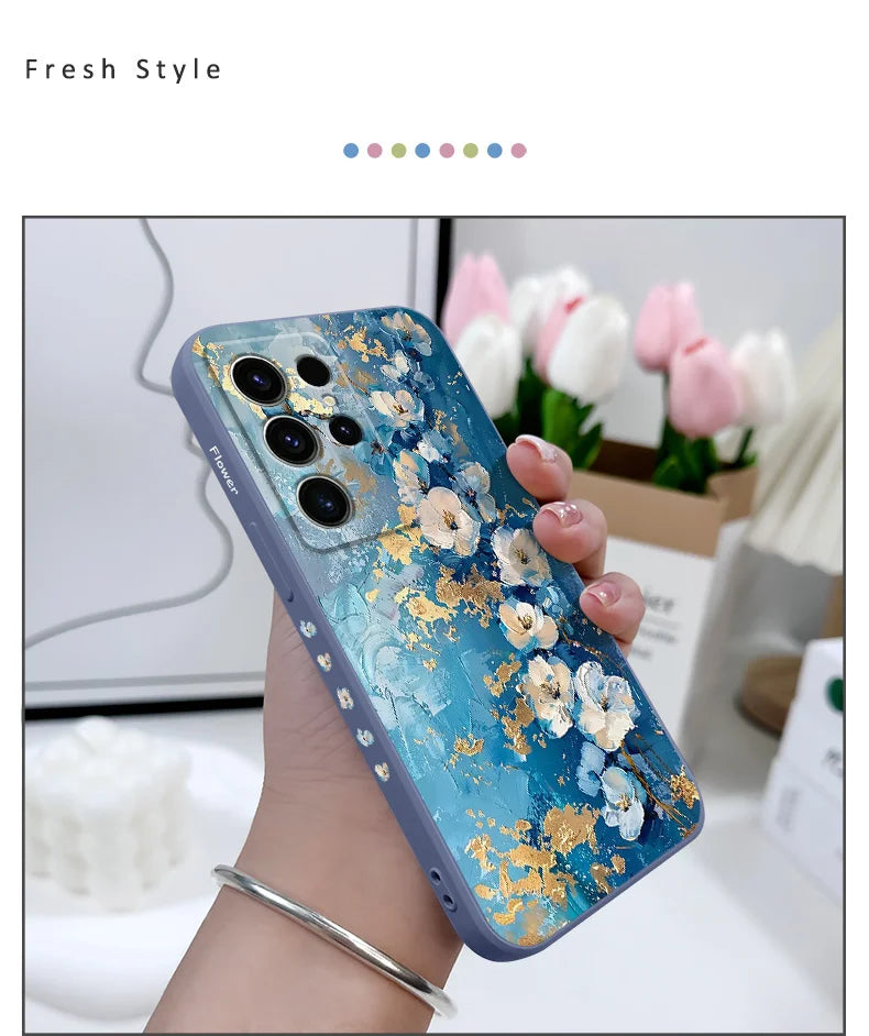 Gold Leaf Flower Phone Case For Samsung Galaxy S25 FE S24 S23 S22 S21 S20 S10 S10E Ultra Plus FE Note 20 Ultra Plus Cover