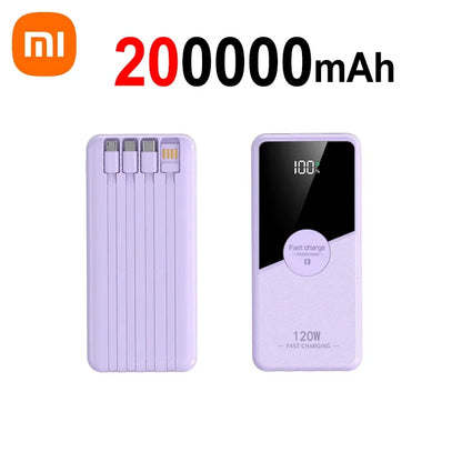 PowerBank 200000mAh Large Capacity with 4 Cables Fast Charging Portable Battery Charger for IPhone16 15 14 Samsung Xiaomi