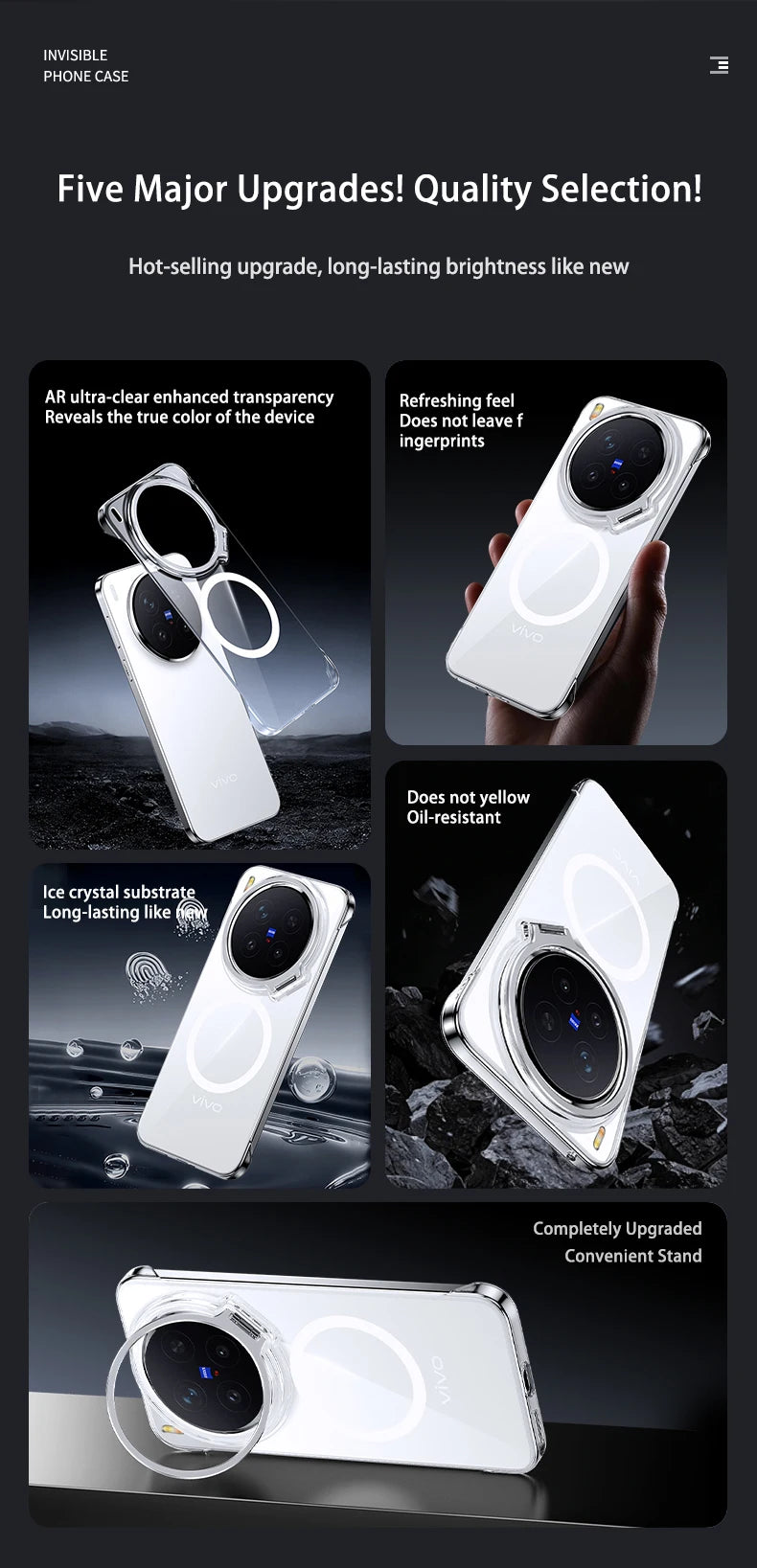 Acrylic Slim Frameless Transparent Case For Magsafe VIVO X300S X300 Pro Ultra Wireless Charging Lens Metal Stand Holder Cover