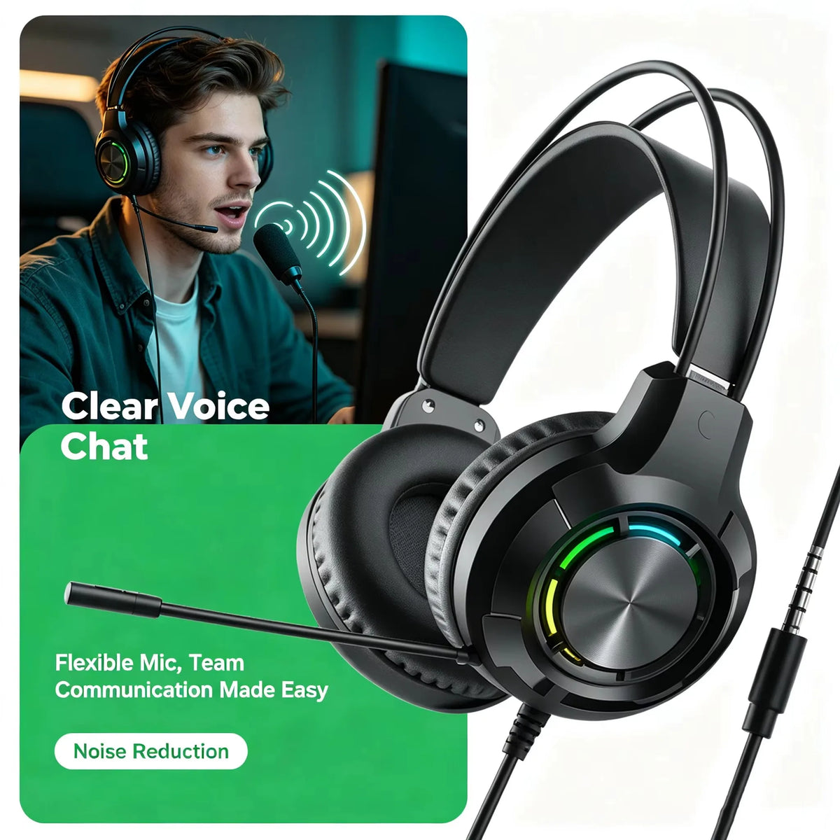 Over-Ear Gaming Headphone 7.1 Surround Sound ENC Noise Cancelling Mic RGB LED Wired Headset for PC PS4 PS5 Xbox Laptop Desktop
