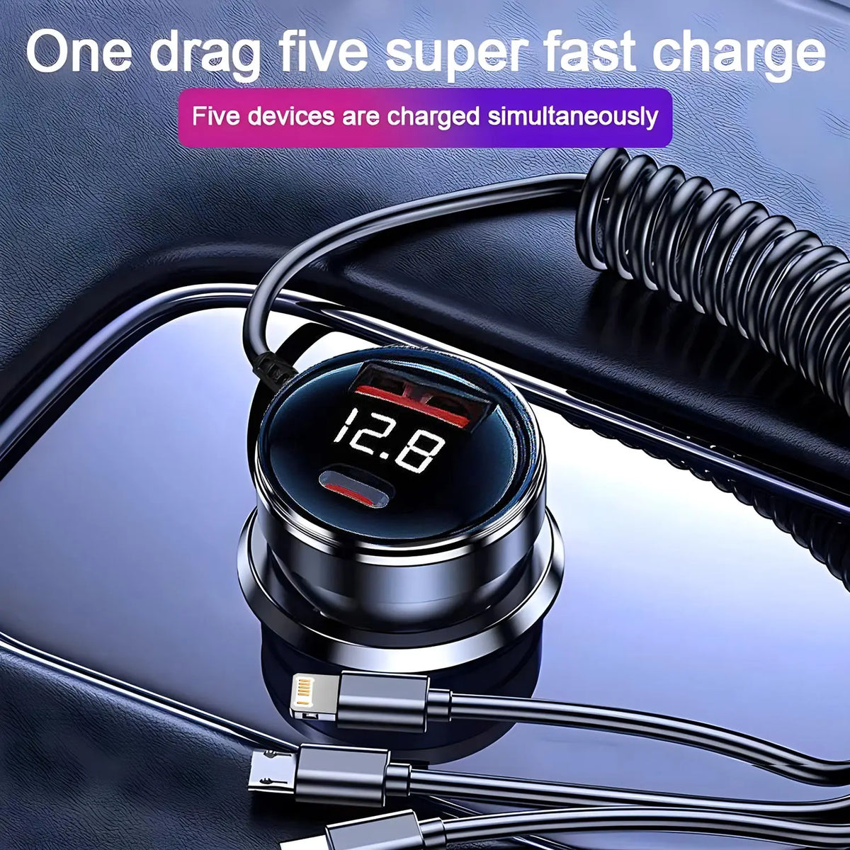 230W Car Charger PD QC 3.0 Fast Charging 3‑in‑1 Coiled Cable L-Port Type‑C Micro USB Dual Port Car Phone Charger with LED Displa