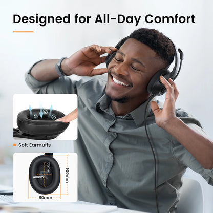 EKSA H2 Office Headset with Mic USB Wired Headphones ENC Noise Cancelling Over-Ear 40mm Mute Switch Volume Control Call Center
