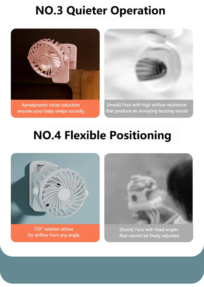 720°Rotatable Clip Fan Mini Cooler Fan Built In Night Lamp USB Rechargeable Personal Portable Fan For Outdoor Camping Ventilador