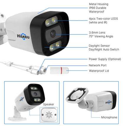 Hiseeu POE 5MP 8MP 4K IP Camera Color Night Vision Face Detection Waterproof H.265 Home Security Surveillance CCTV Cameras