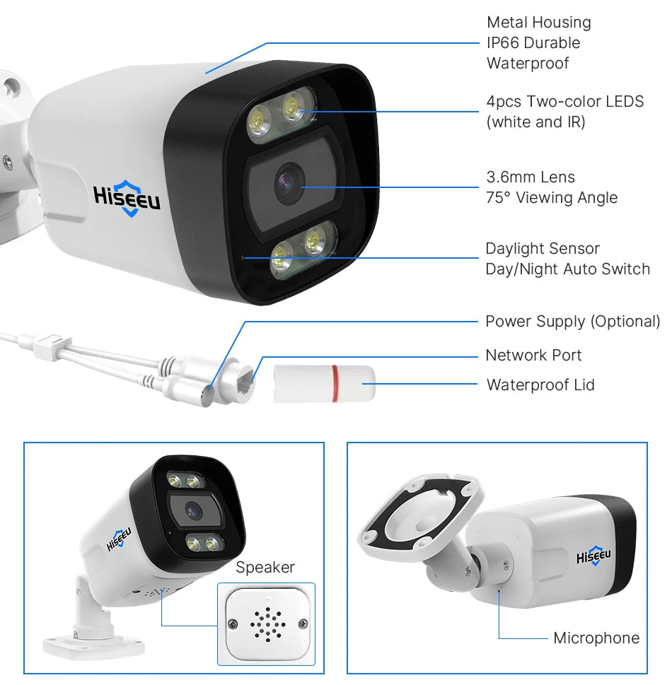 Hiseeu POE 5MP 8MP 4K IP Camera Color Night Vision Face Detection Waterproof H.265 Home Security Surveillance CCTV Cameras