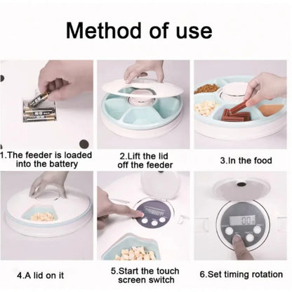 Pet Automatic Feeder Portion Control Digital Timer Detachable Dogs Cats Anti Slip 6 Meal Trays with Voice Dry Wet Food Feeding