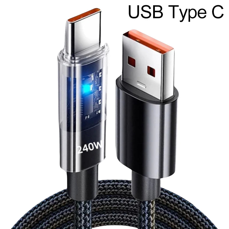 USB C Quick Charging Cable 240W  Braided Transparent Type C High-speed Charger Wire for 16/17 for Samsung Huawei Mi Data Line