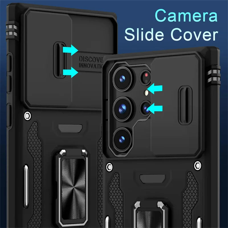 Rotating Ring Stand Slide Camera Lens Military Grade Armor Case For Samsung Galaxy S26 S25 S24 S23 S22 S21 Ultra Plus FE Cover
