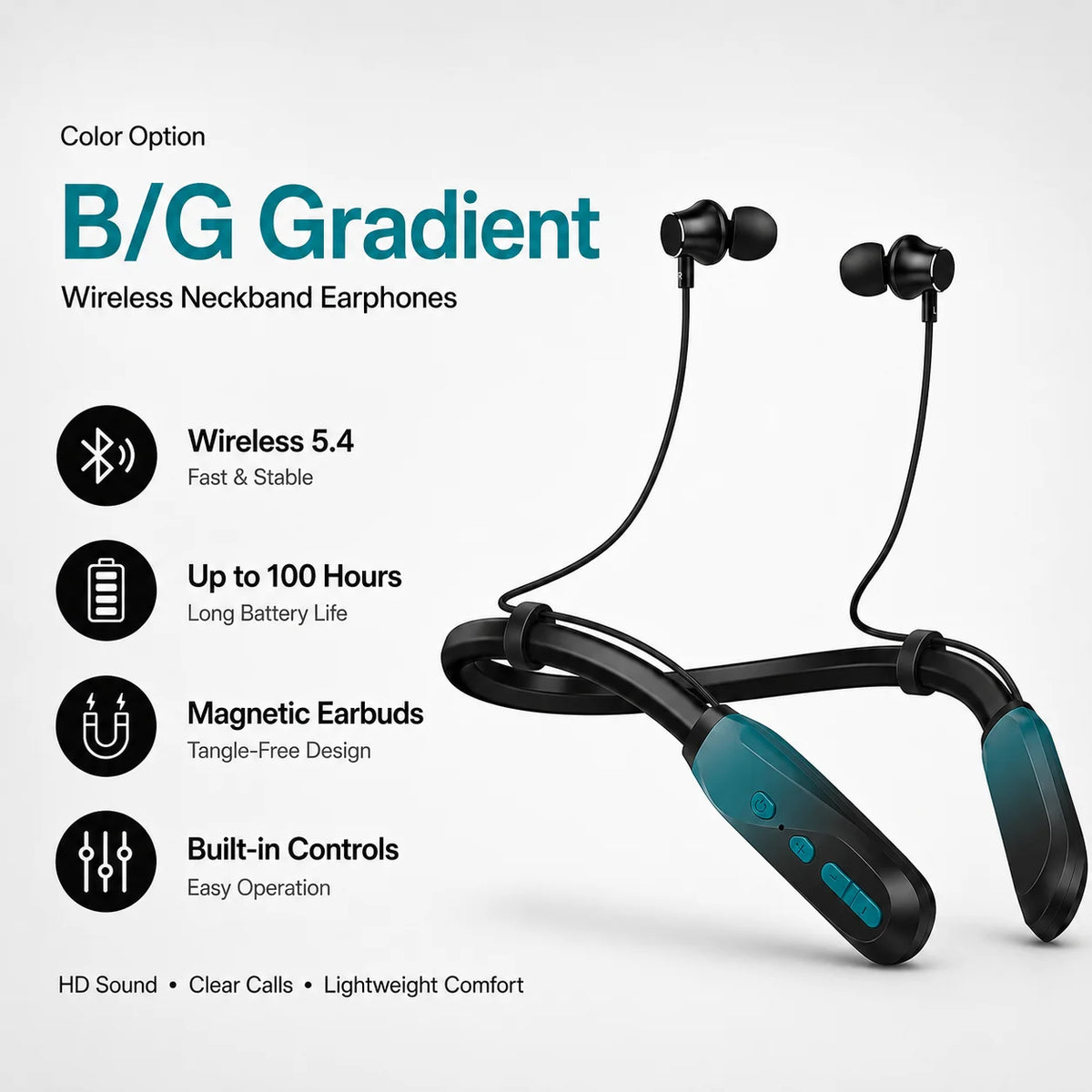 Bluetooth 5.4 Neckband Wireless Earbuds with Mic, 100H Standby Stereo Magnetic Sports Headphones for Running, Gym, Travel, Phone