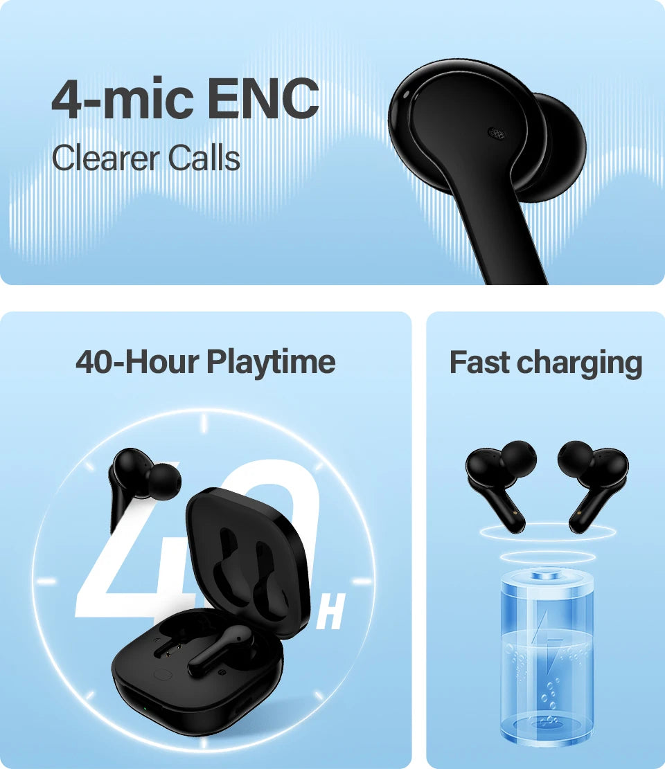 QCY T13 Wireless Smart Headphone BT5.1 TWS Earphone 4 Mic ENC HD Call Headset Touch Control Earbuds Long Standby 40H