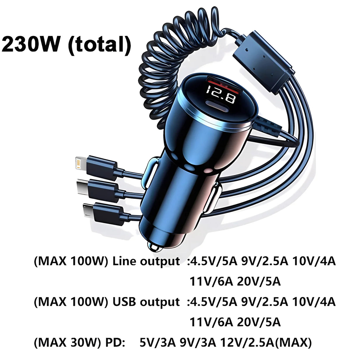 230W Car Charger PD QC 3.0 Fast Charging 3‑in‑1 Coiled Cable L-Port Type‑C Micro USB Dual Port Car Phone Charger with LED Displa
