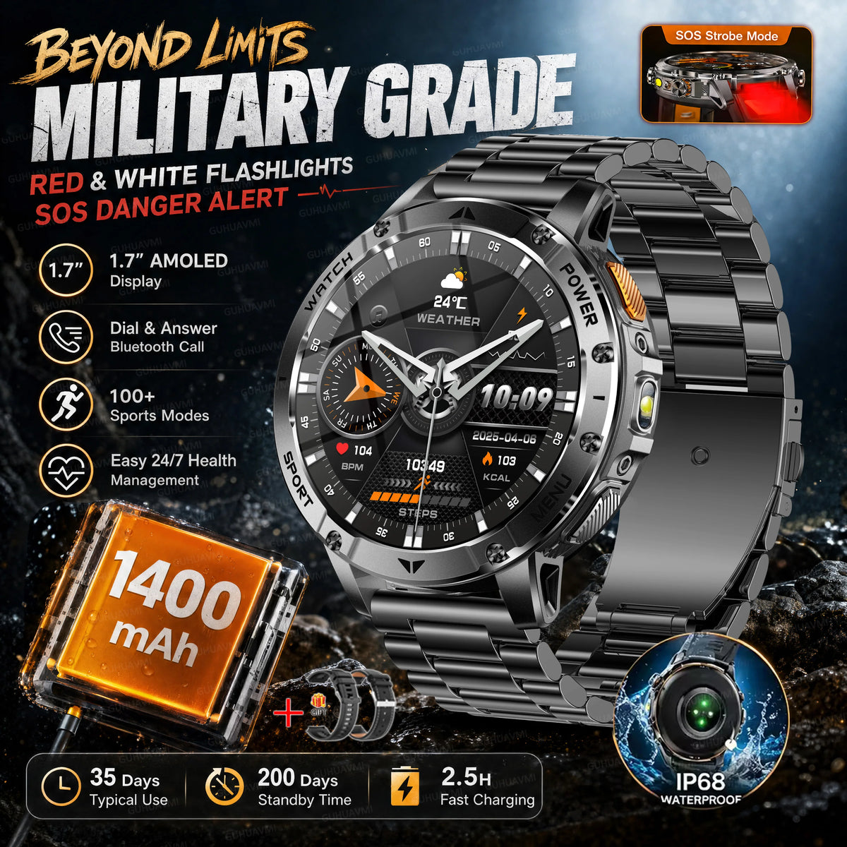 Ultra Large 1400mAh Battery Sport Smartwatch 1.7” Heart Rate Tactical Strong Flashlight 5ATM Waterproof Call Smart Watch For Men