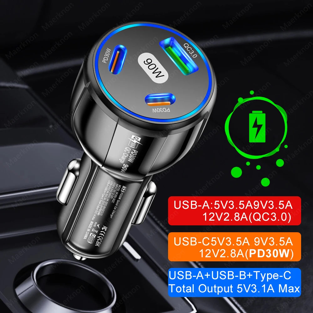 90W USB Car Charger 3 Port PD Type C Fast Charging Car Phone Adapter For iPhone 14 13 Xiaomi Samsung Quick Charge Charger In Car