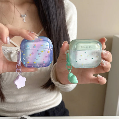 Dopamine Gradient Colorful Little Star Wavy Edge With Pendant Shock Proof Earphone Cover Case for AirPods 1 or 2 3 4 5 Pro 2 3