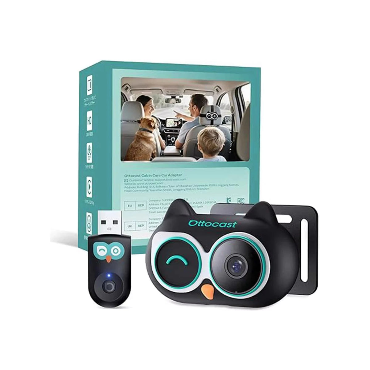 OTTOCAST Cabin Care Baby Car Camera Wireless Carplay Adapter 1080P 150° Wide Angle Night Vision Back‑Seat Monitor Easy Install