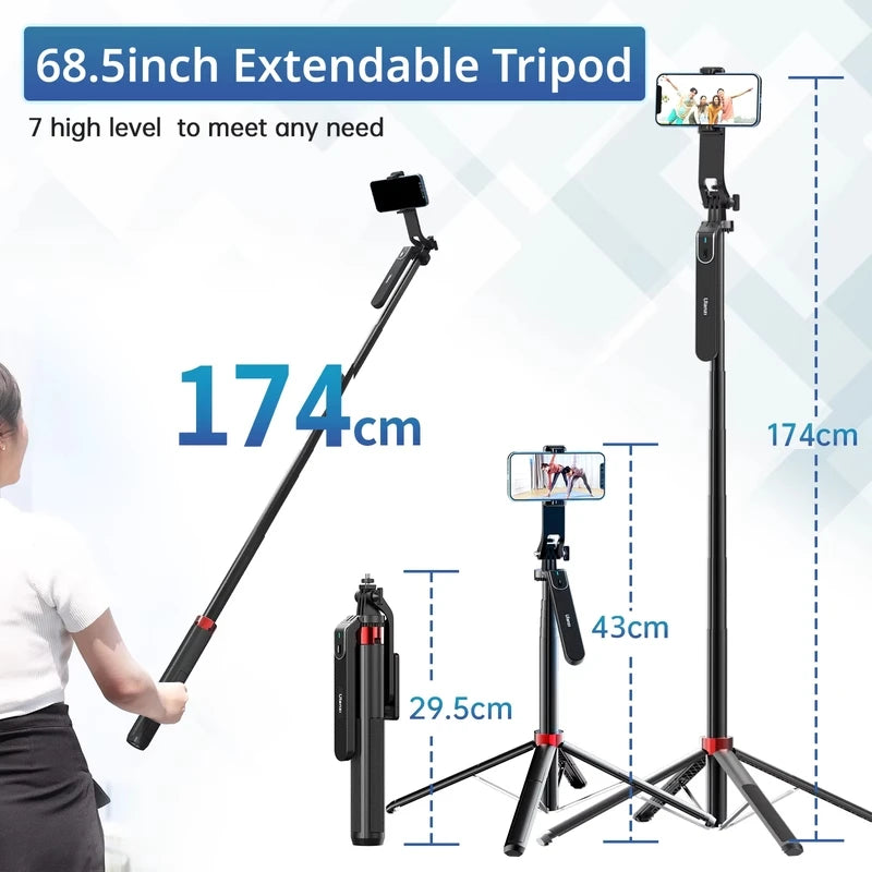 Ulanzi MA09 1.74m Selfie Stick Tripod for iPhone 17 15 Android Phone w Remote Control Panoramic Ball Head Holder U200 VL49 Kit