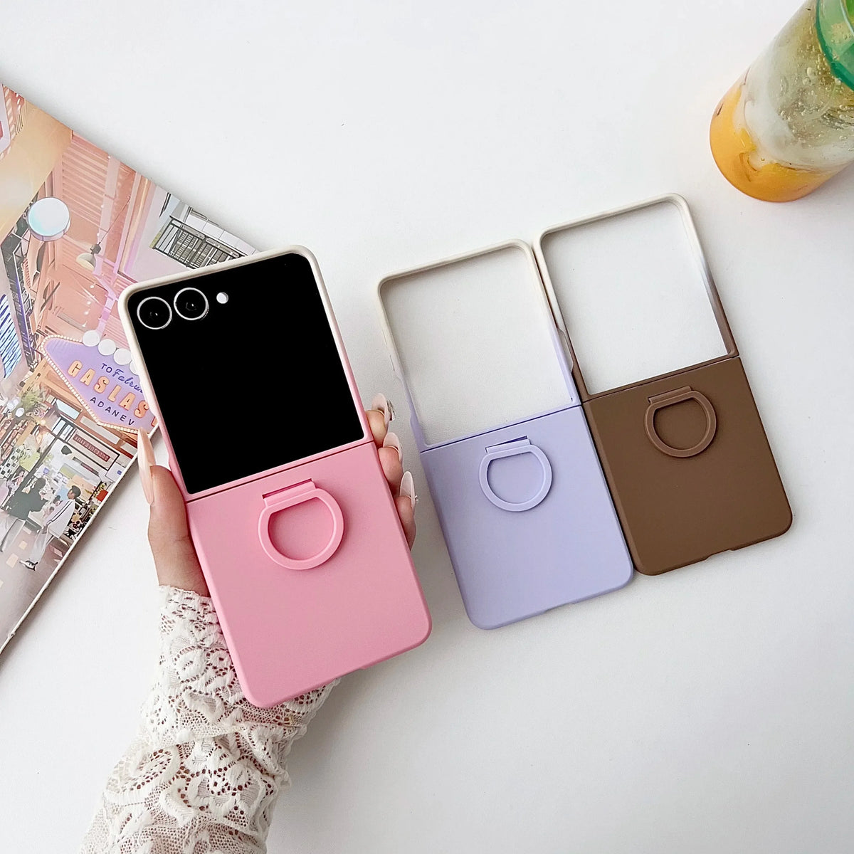 Hot Skin Feel Glass Case for Samsung Galaxy Z Flip 7 FE Fold Business Fashion Ring Hinge Protective Cover for Flip5 Flip6 Cases