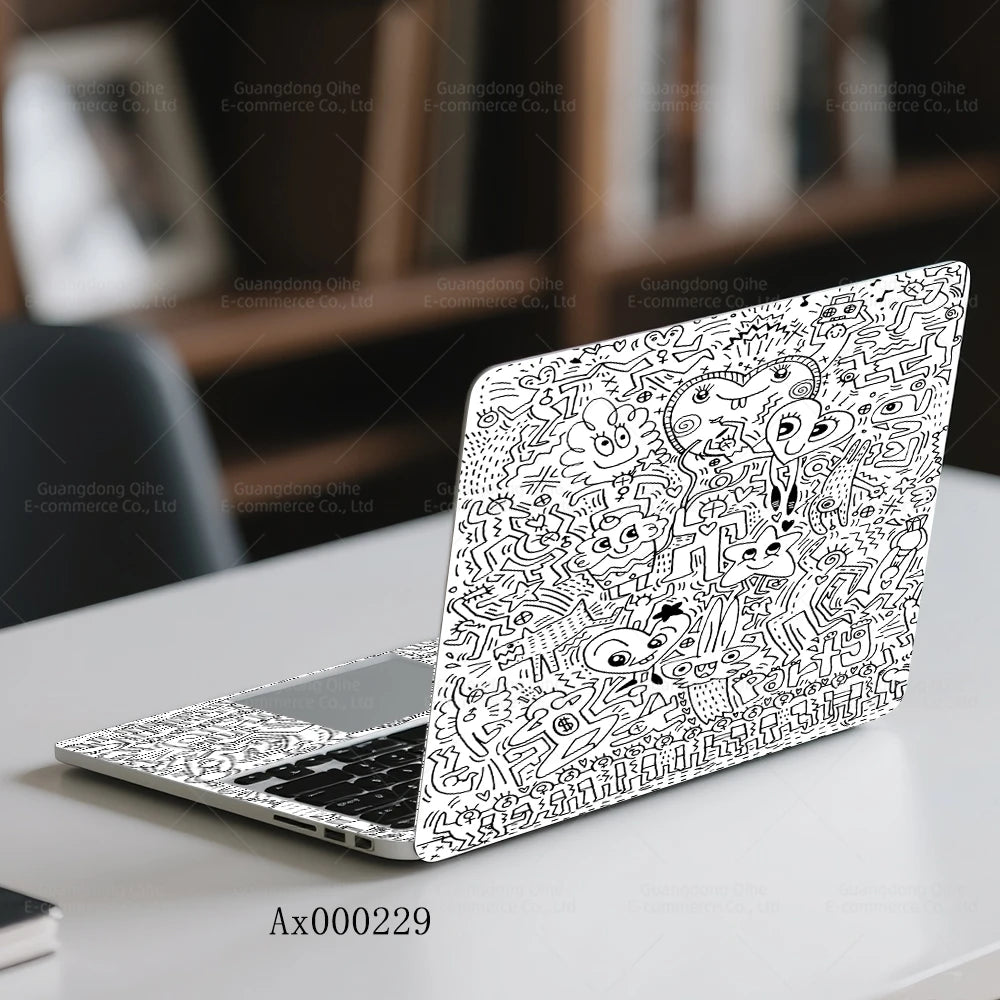 2Pcs Black White Doodle Laptop Skin, Waterproof Vinyl Graffiti Laptop Decal Art Stickers for MacBook HP Dell Universal Laptop