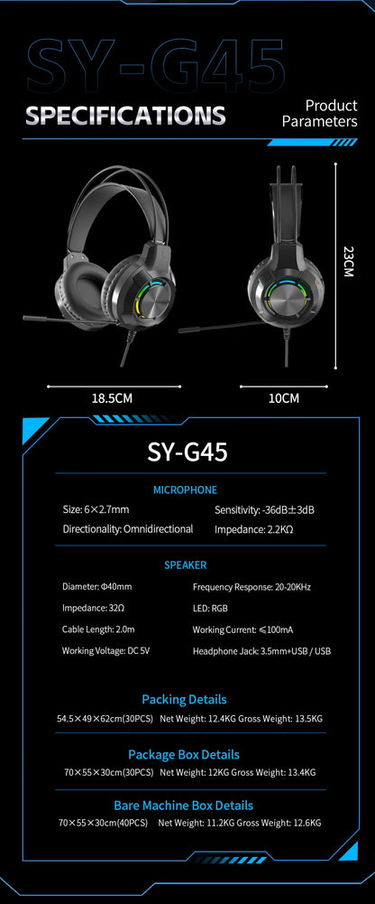 Over-Ear Gaming Headphone 7.1 Surround Sound ENC Noise Cancelling Mic RGB LED Wired Headset for PC PS4 PS5 Xbox Laptop Desktop