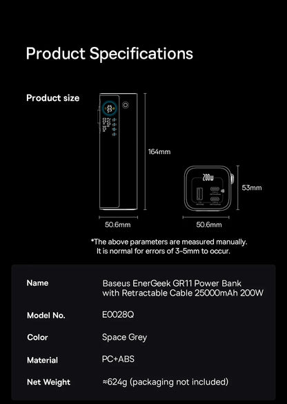 Baseus 200W 25000mAh Power Bank Dual Retractable USB-C Cables 4-Device Fast Charge Portable External Battery Charger For Laptop