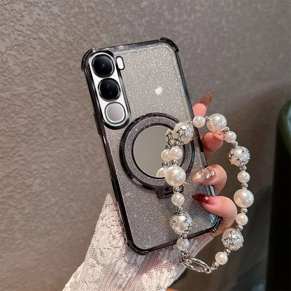 Bling Glitter Lipstick Mirror Stand Phone Case For Vivo Y31 5G Y21D With Pearl Chain Girls Women's Anti-drop Shockproof Cover
