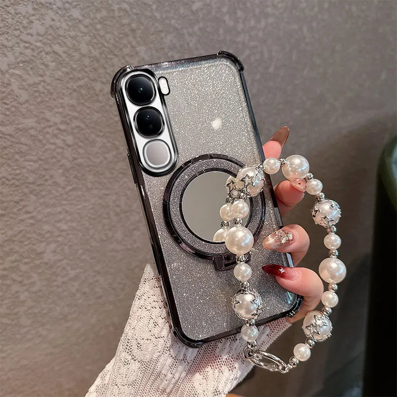 Bling Glitter Lipstick Mirror Stand Phone Case For Vivo Y31 5G Y21D With Pearl Chain Girls Women's Anti-drop Shockproof Cover