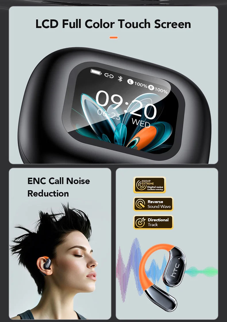 HTC NE27 Bluetooth Earphone AI Translation Earbuds OWS Sport Headphone Touch Screen Ultra Long Battery Life Wireless Headphone