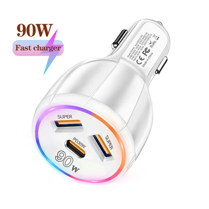 90W 3 Port Car Charger Super Fast Charger QC3.0 PD30W PPS High-Power Cigarette Lighter Fast Charger for iPhone/Huawei/Samsung
